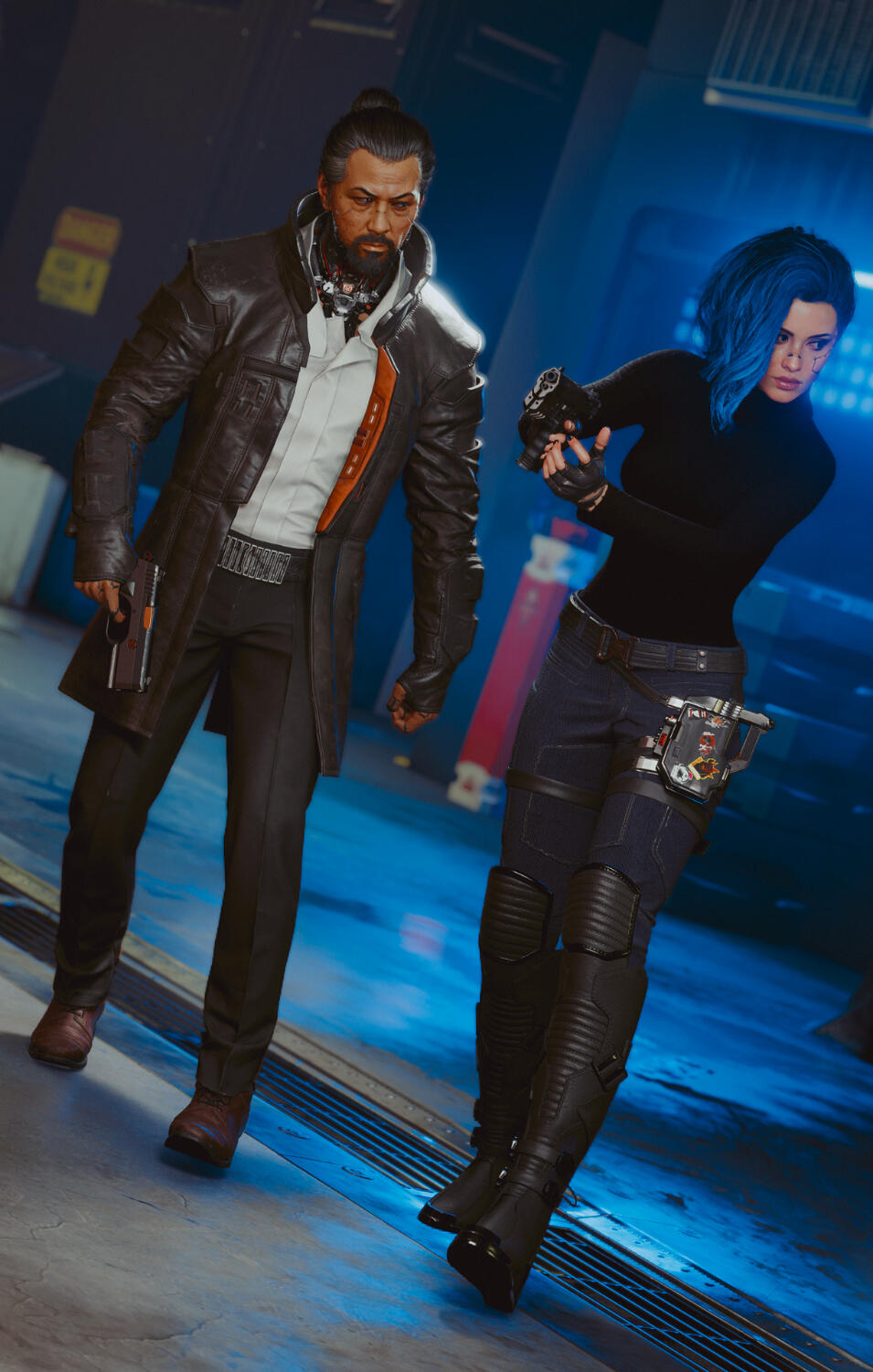 A screenshot from the video game Cyberpunk 2077 featuring Goro Takemura in dark gray trenchcoat, white dress shirt, and dress pants standing next to a custom V with blue hair and dressed in a black leather turtleneck, dark jeans, and black boots.
